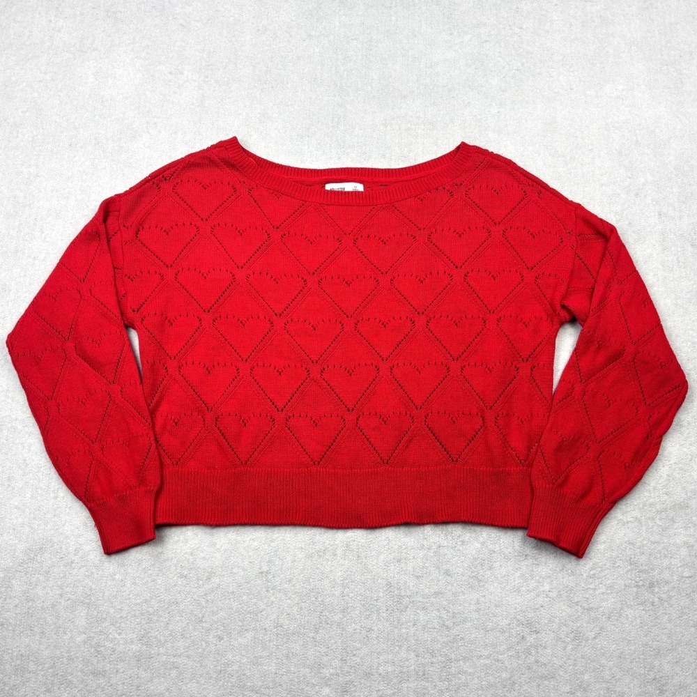 Hollister Womens XS Red Pointelle Heart Cropped Knit Sweater Boatneck Coquette
